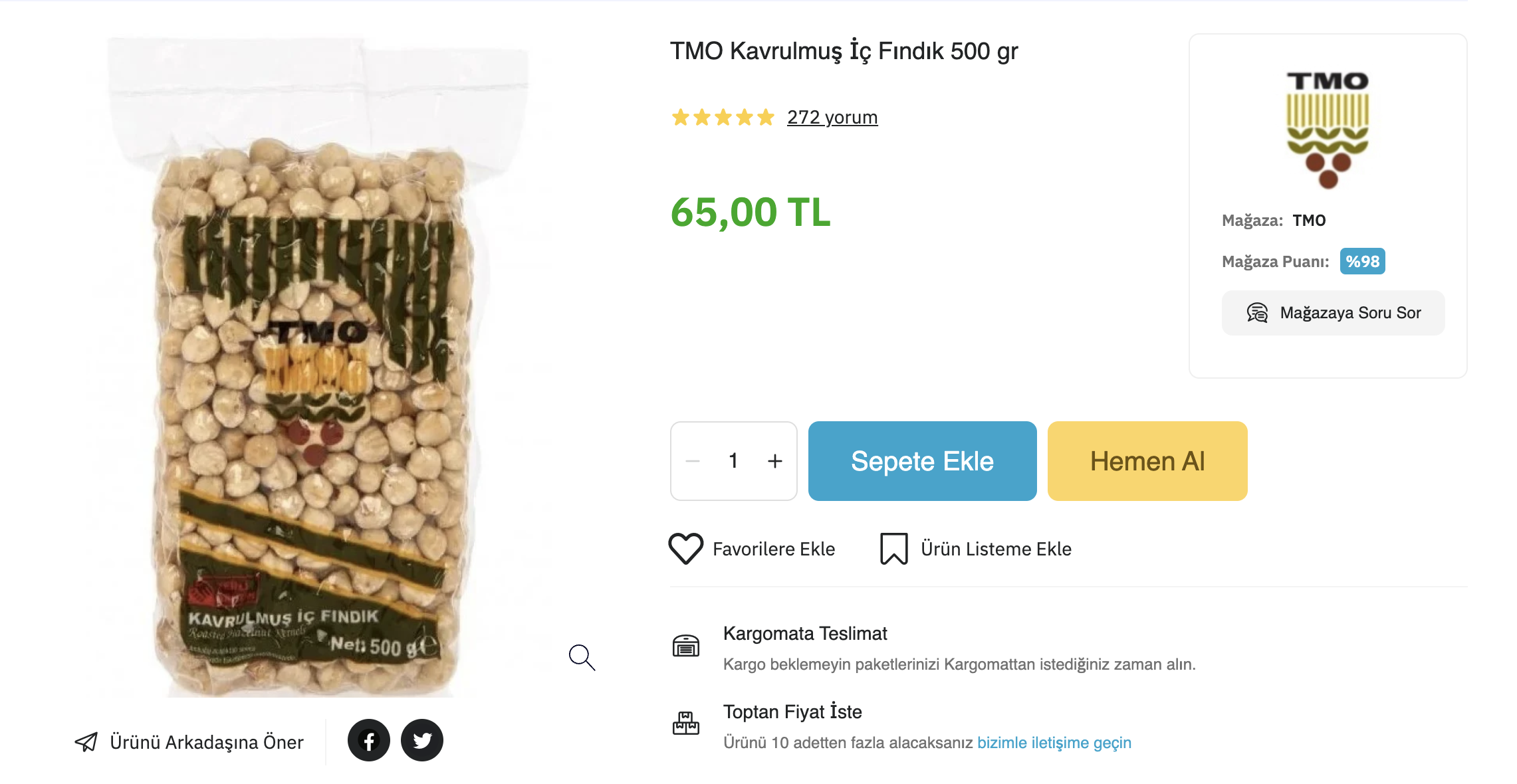 TMO Kavrulmuş Fındık 500 gr 65TL