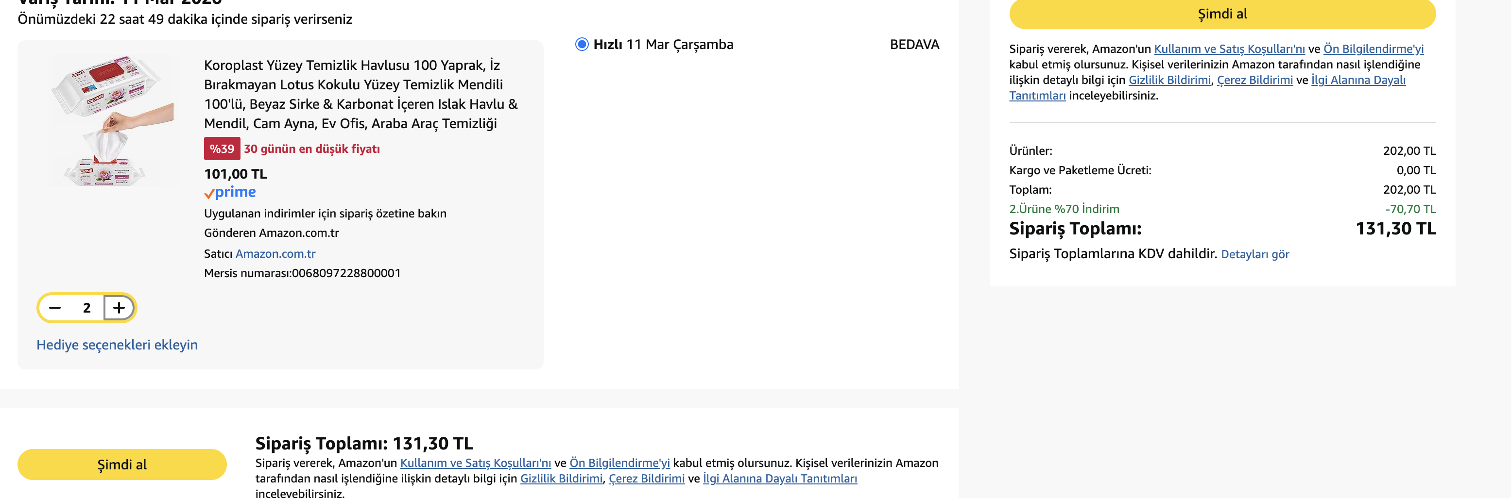 Amazon Koroplast Yüzey Temizlik Havlusu 100 Yaprak 65TL
