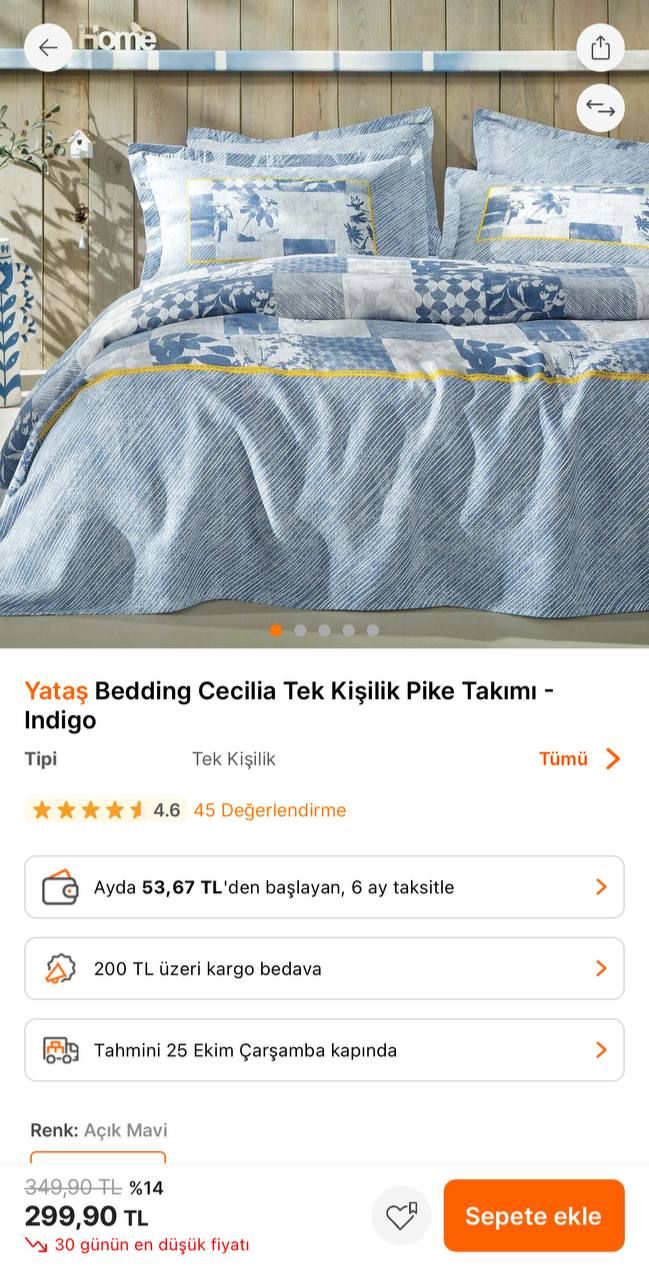 Yataş Bedding Cecilia Tek Kişilik Pike Takımı - Indigo 299.90 TL
