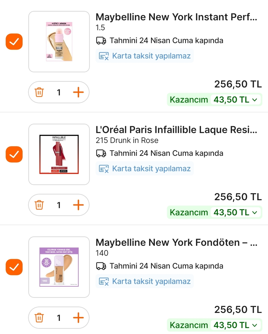 L'oreal'e koşun birçok ürün fondöten, ruj, concelar 256 TL tekli ekleniyor + 1500/200 TL kuponu var