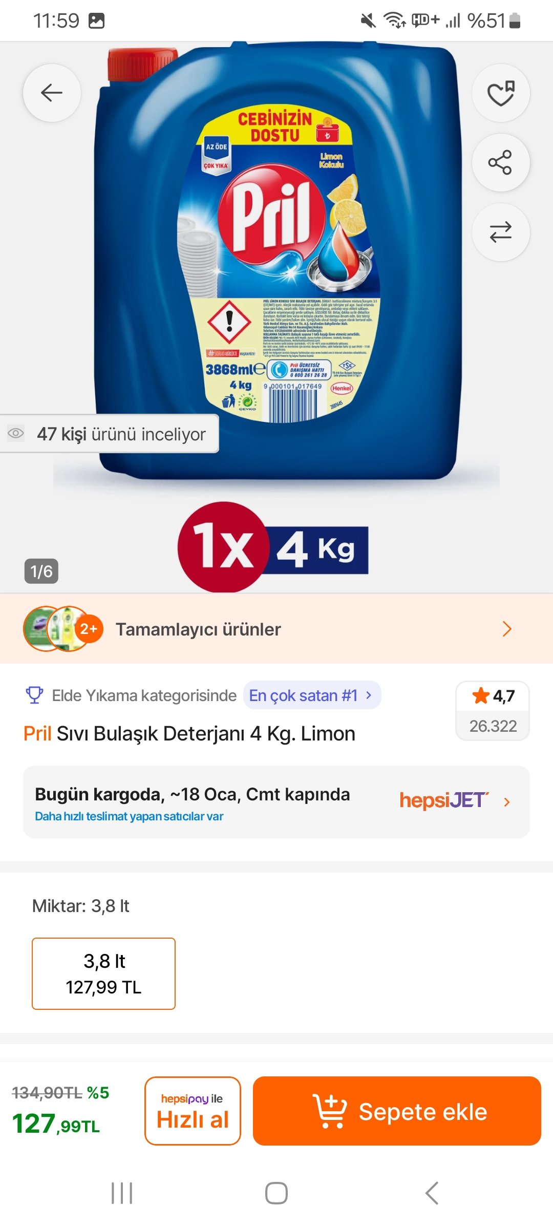 Pril 4 kg sıvı bulaşık deterjanı 127 TL