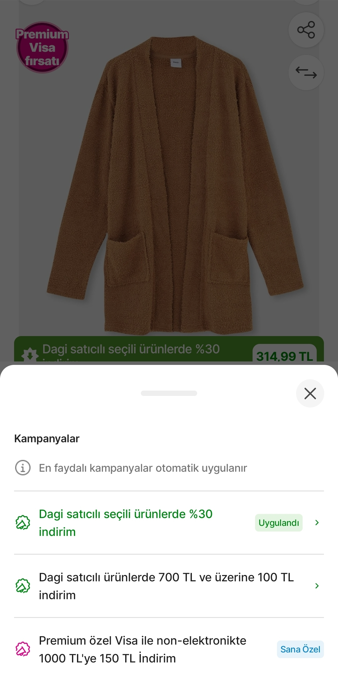 Dagi ürünlerinde %35 indirim + 100 TL indirim + visa indirimi birleşiyor