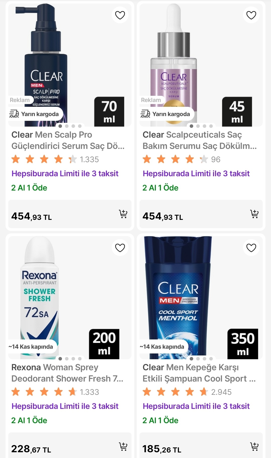 Hepsiburada Elidor, Clear, Rexona 1 alana 1 bedava 