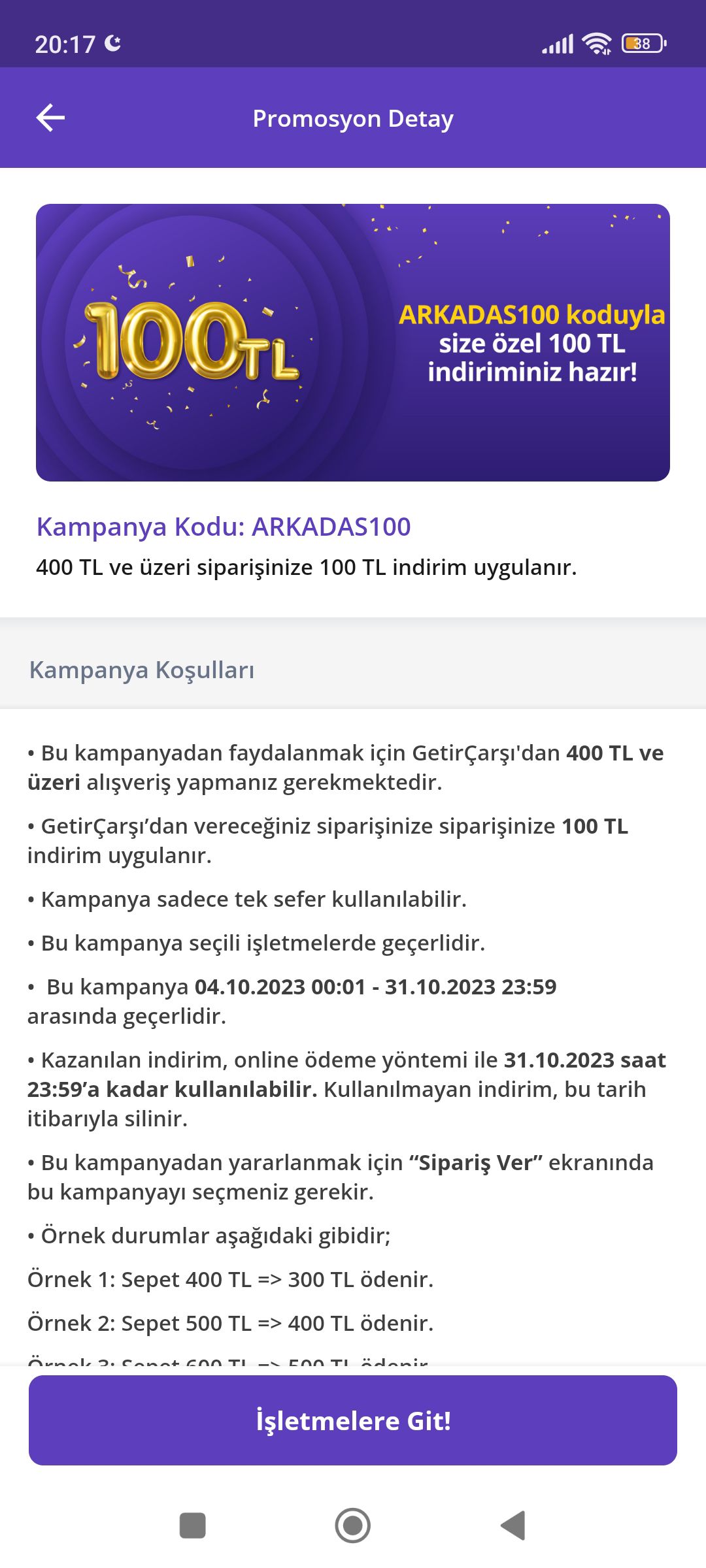 Getirçarşı 400/100 TL indirim kodu 