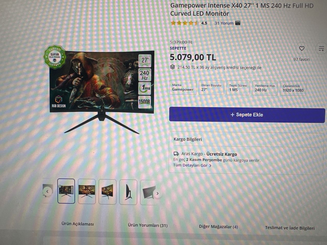 Gamepower X40 27” 240hz monitör kampanya fiyatı 5079 TL