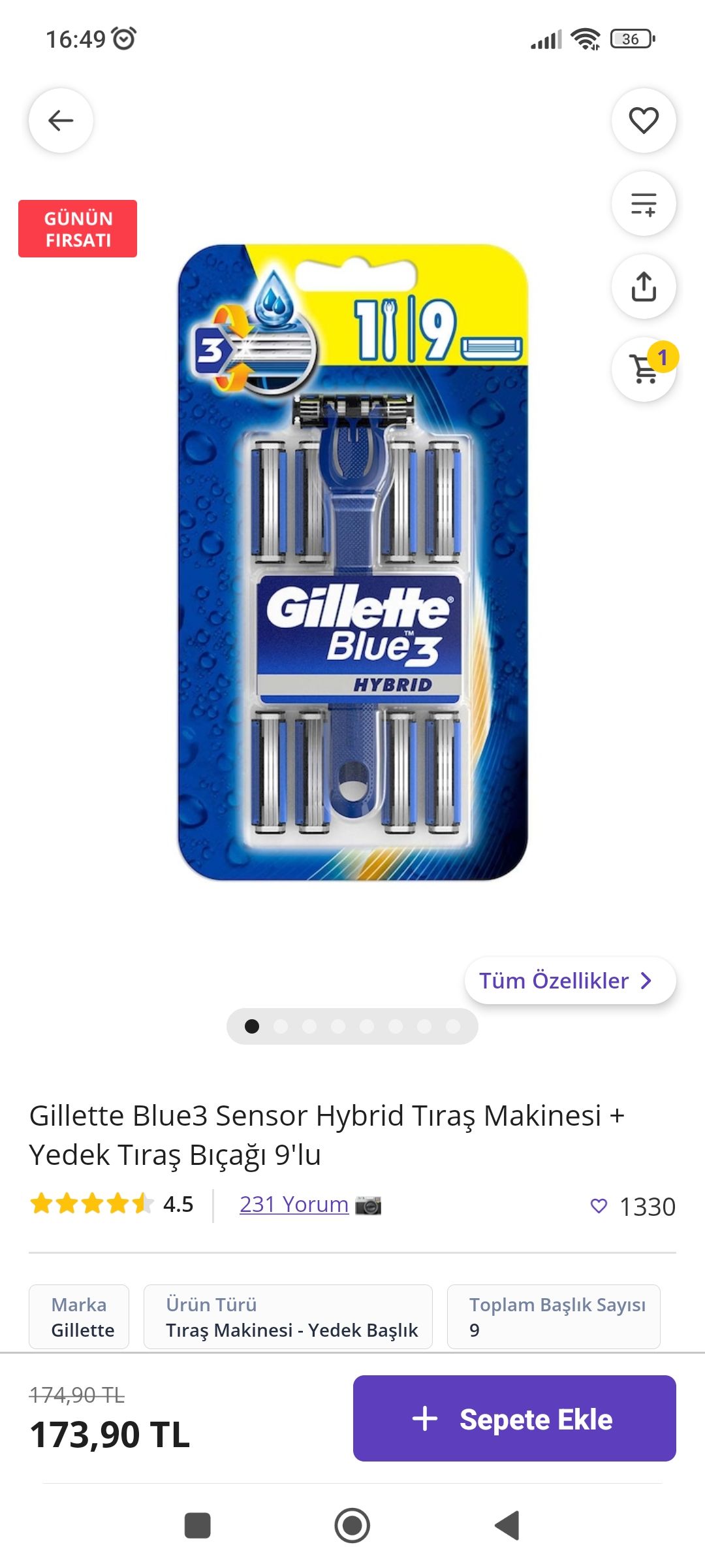 Gillette blue3 traş makinesi+ 9 yedek kacmaz50 kodu ile 123.90 TL