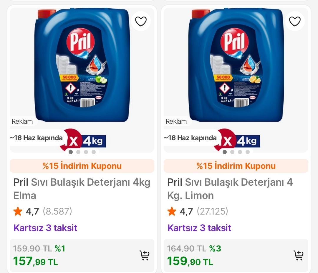 Pril 4 kg sıvı bulaşık deterjani 157 TL